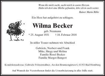 Traueranzeige von Wilma Becker von  Usinger Anzeiger
