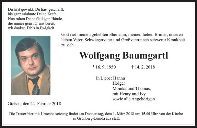  Traueranzeige für Wolfgang Baumgartl vom 24.02.2018 aus  Gießener Anzeiger