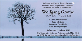 Traueranzeige von Wolfgang Grothe von  Gießener Anzeiger