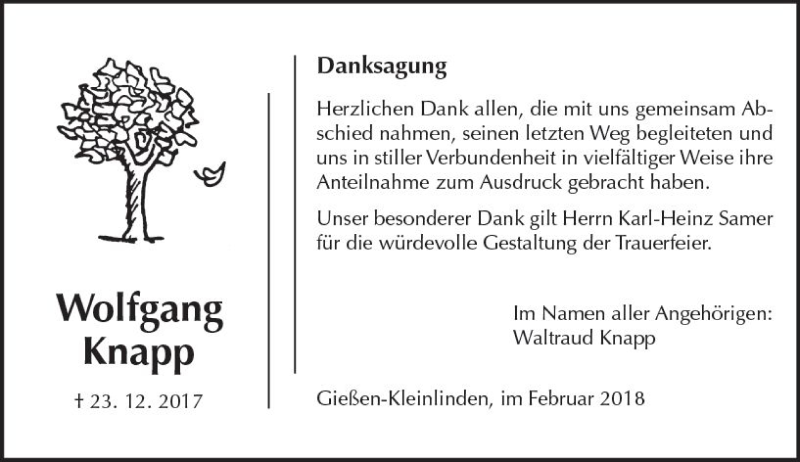  Traueranzeige für Wolfgang  Knapp vom 03.02.2018 aus  Gießener Anzeiger