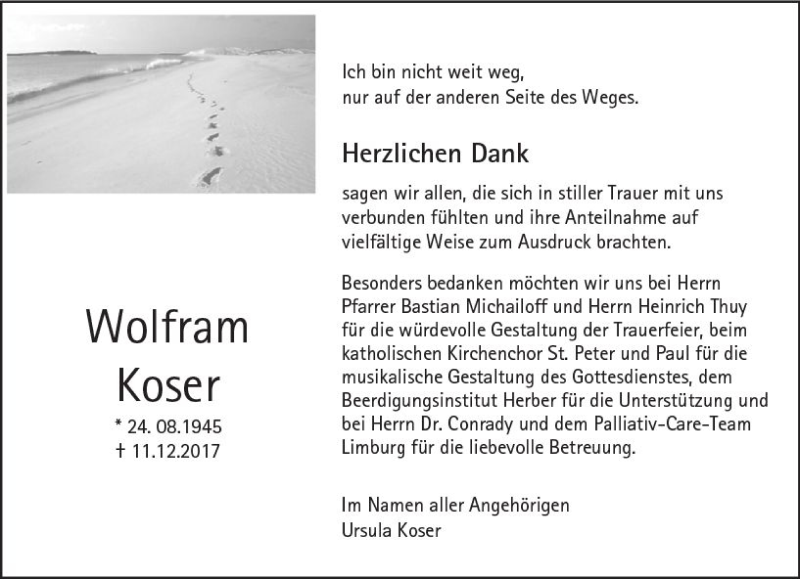  Traueranzeige für Wolfram Koser vom 01.02.2018 aus  Camberger Anzeiger