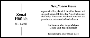 Traueranzeige von Zenzi Höflich von Trauerportal Rhein Main Presse