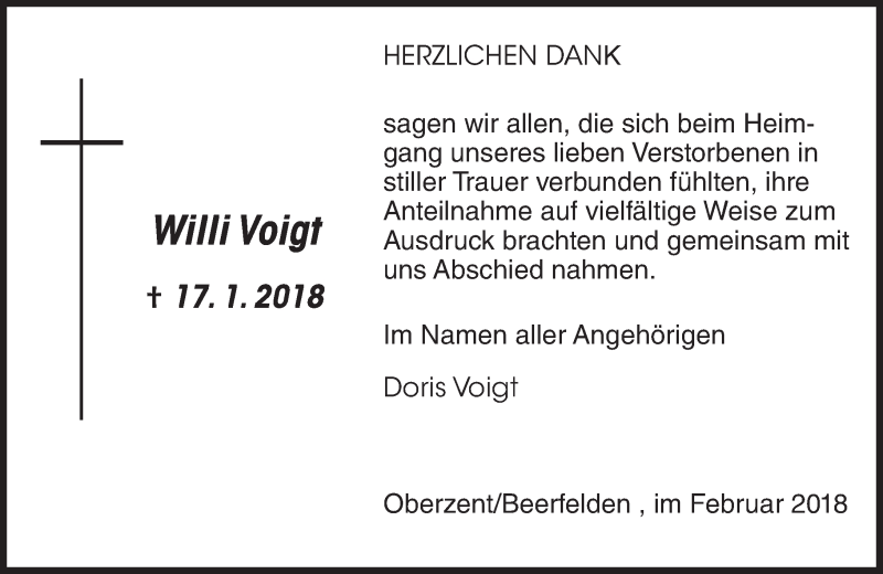  Traueranzeige für Willi Voigt vom 01.03.2018 aus VRM Tageszeitungen