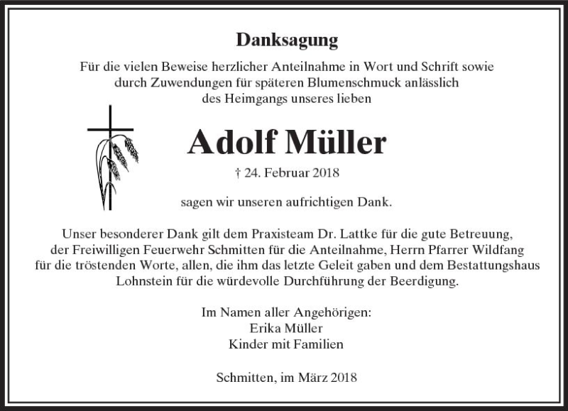  Traueranzeige für Adolf Müller vom 24.03.2018 aus  Usinger Anzeiger