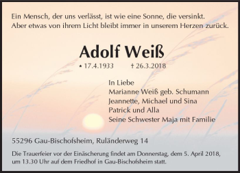 Traueranzeige von Adolf Weiß von Trauerportal Rhein Main Presse