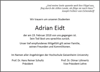 Traueranzeige von Adrian Eidt von Trauerportal Rhein Main Presse