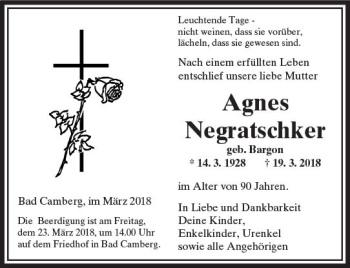 Traueranzeige von Agnes Negratschker von  Camberger Anzeiger