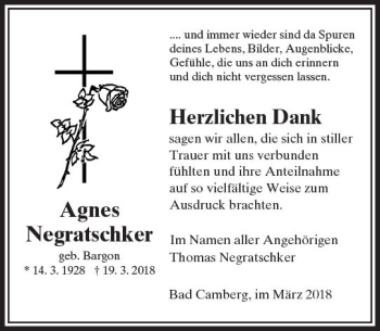 Traueranzeige von Agnes Negratschker von  Camberger Anzeiger