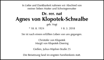 Traueranzeige von Agnes  von Klopotek-Schwalbe von  Gießener Anzeiger