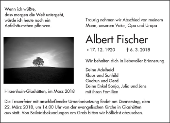 Traueranzeige von Albert Fischer von  Kreisanzeiger