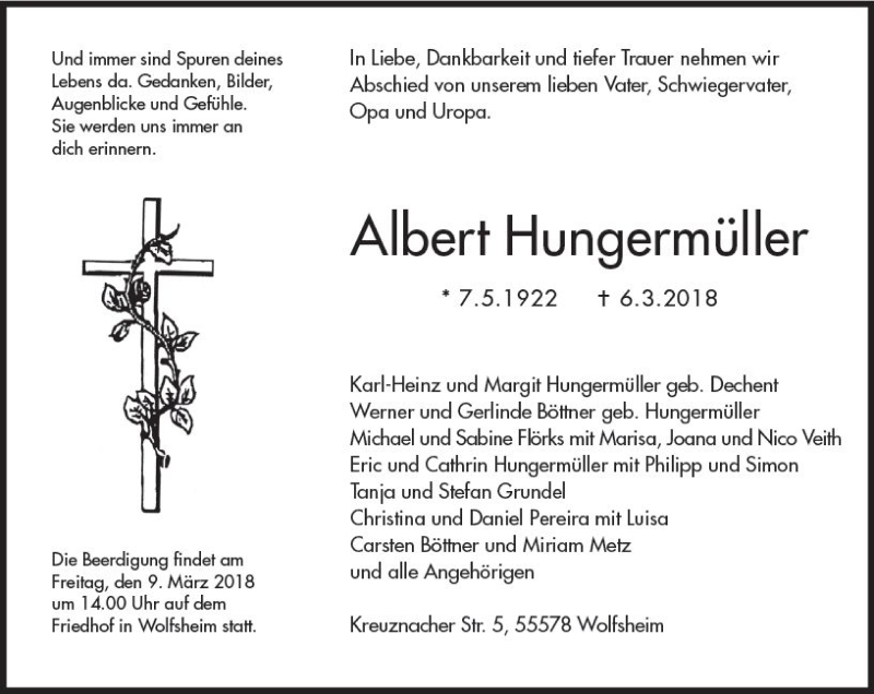  Traueranzeige für Albert Hungermüller vom 08.03.2018 aus Trauerportal Rhein Main Presse