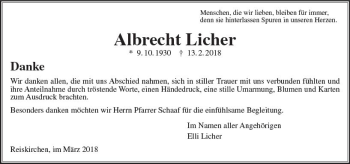 Traueranzeige von Albrecht Licher von  Gießener Anzeiger