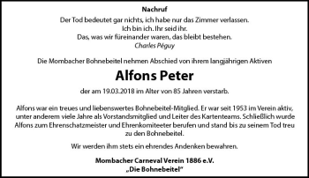 Traueranzeige von Alfons Peter von Trauerportal Rhein Main Presse