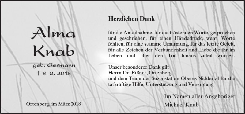  Traueranzeige für Alma Knab vom 10.03.2018 aus  Kreisanzeiger