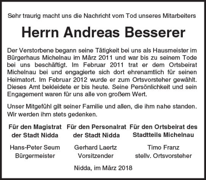  Traueranzeige für Andreas Besserer vom 31.03.2018 aus  Kreisanzeiger