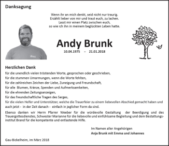 Traueranzeige von Andy Brunk von Trauerportal Rhein Main Presse