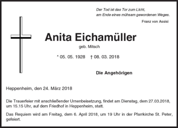 Traueranzeige von Anita Eichamüller von Trauerportal Rhein Main Presse
