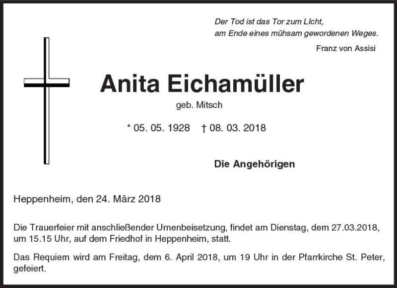  Traueranzeige für Anita Eichamüller vom 24.03.2018 aus Trauerportal Rhein Main Presse