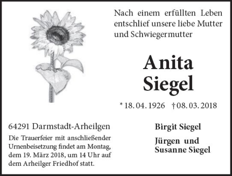 Traueranzeige für Anita Siegel vom 14.03.2018 aus Trauerportal Rhein Main Presse