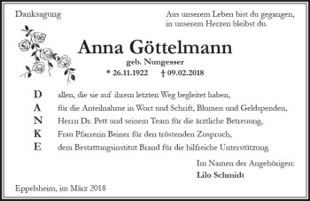 Traueranzeige von Anna Göttelmann von Trauerportal Rhein Main Presse