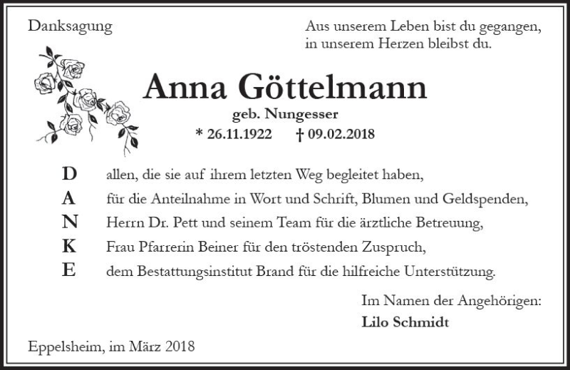  Traueranzeige für Anna Göttelmann vom 10.03.2018 aus Trauerportal Rhein Main Presse