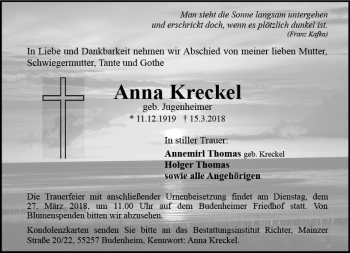 Traueranzeige von Anna Kreckel von Trauerportal Rhein Main Presse
