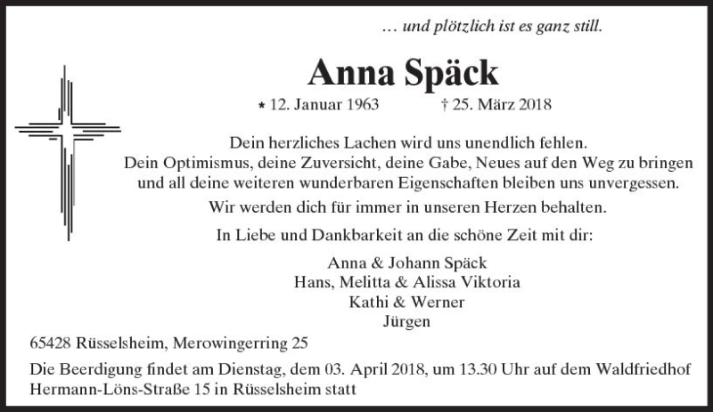  Traueranzeige für Anna Späck vom 31.03.2018 aus Trauerportal Rhein Main Presse