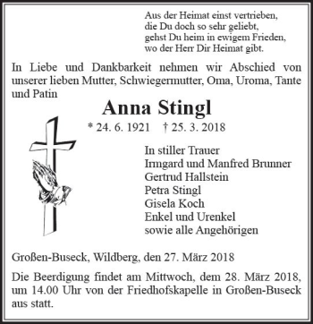 Traueranzeige von Anna Stingl von  Gießener Anzeiger