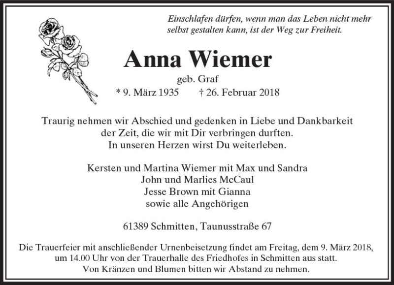  Traueranzeige für Anna Wiemer vom 03.03.2018 aus  Usinger Anzeiger