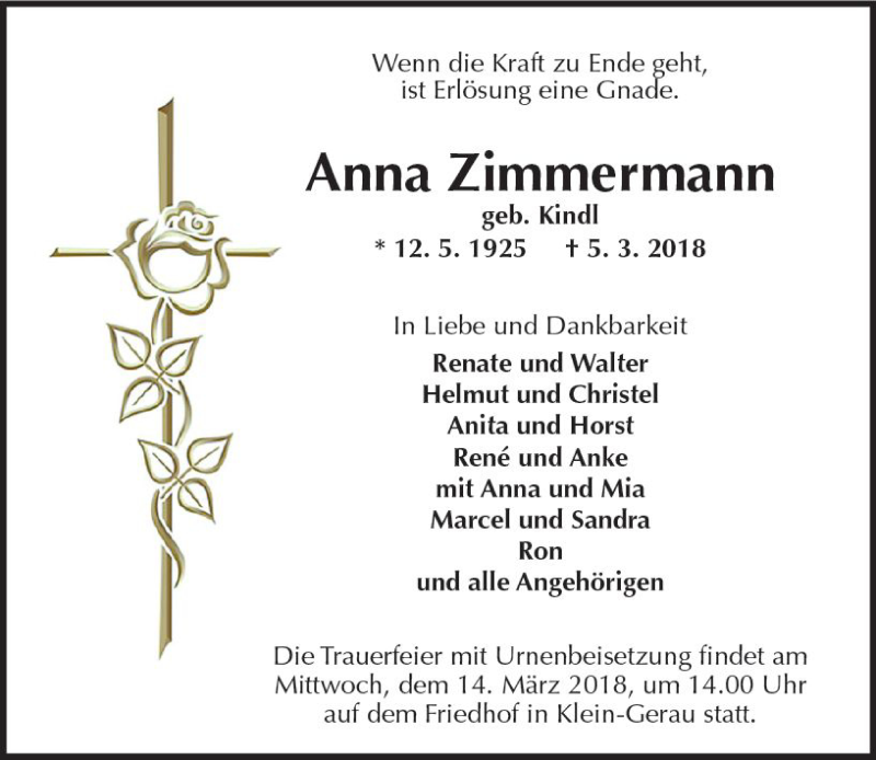  Traueranzeige für Anna Zimmermann vom 10.03.2018 aus Trauerportal Rhein Main Presse