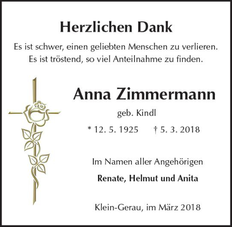  Traueranzeige für Anna Zimmermann vom 24.03.2018 aus Trauerportal Rhein Main Presse