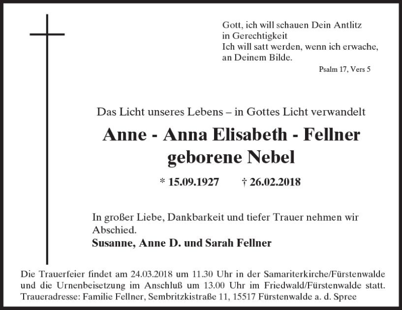  Traueranzeige für Anna Elisabeth Fellner vom 03.03.2018 aus  Usinger Anzeiger
