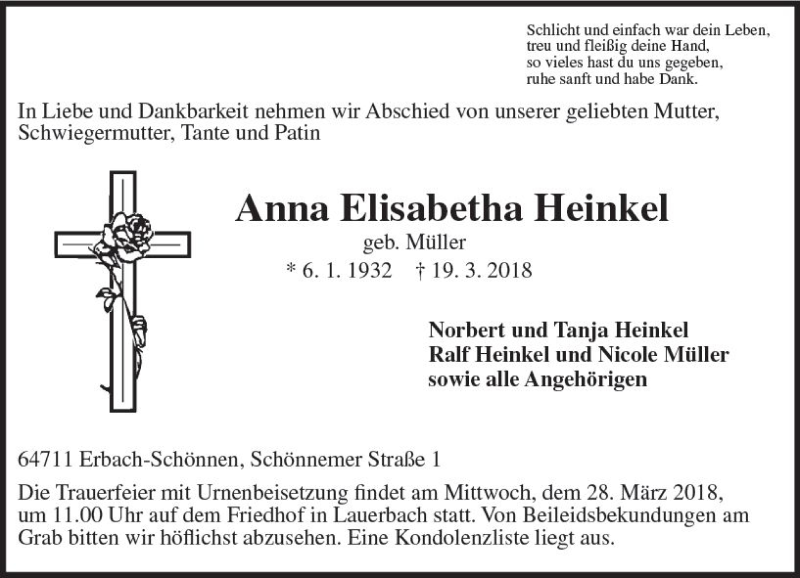  Traueranzeige für Anna Elisabetha Heinkel vom 24.03.2018 aus Trauerportal Rhein Main Presse
