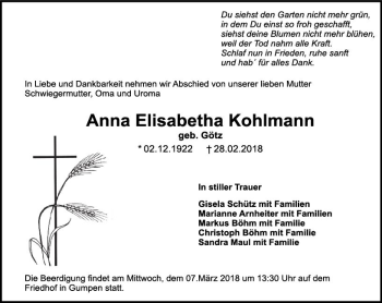 Traueranzeige von Anna Elisabetha Kohlmann von Trauerportal Rhein Main Presse