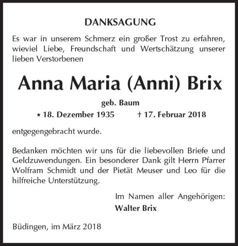  Traueranzeige für Anna Maria Birx vom 17.03.2018 aus  Kreisanzeiger