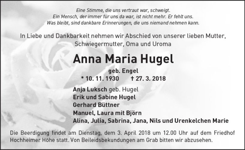 Traueranzeige für Anna Maria Hugel vom 31.03.2018 aus Trauerportal Rhein Main Presse