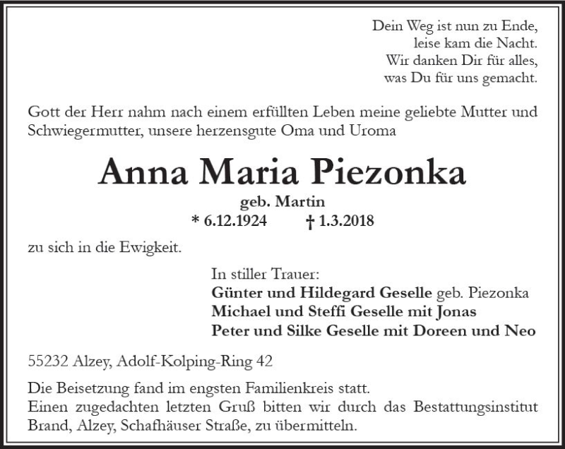  Traueranzeige für Anna Maria Piezonka vom 10.03.2018 aus Trauerportal Rhein Main Presse