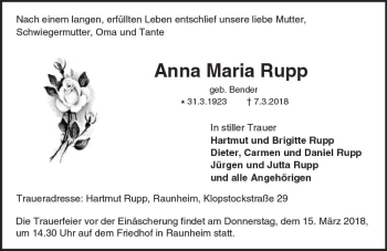 Traueranzeige von Anna Maria Rupp von Trauerportal Rhein Main Presse
