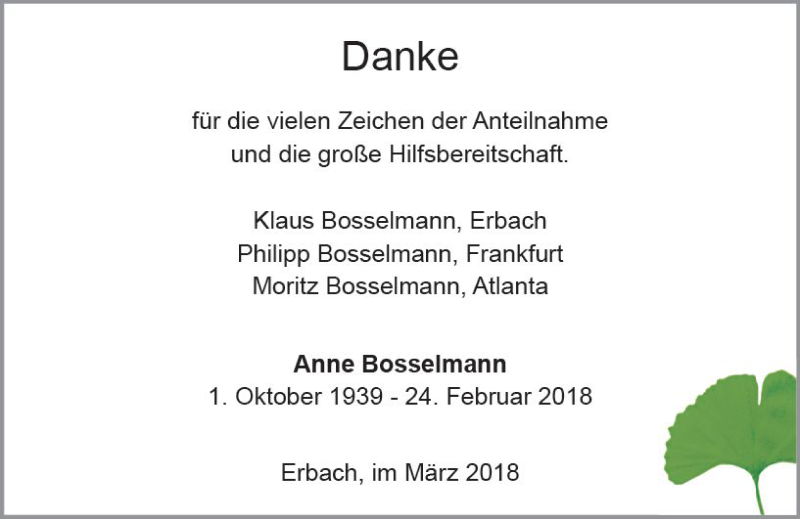  Traueranzeige für Anne Bosselmann vom 17.03.2018 aus Trauerportal Rhein Main Presse