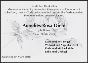Traueranzeige von Annelies Rosa Diehl von Trauerportal Rhein Main Presse