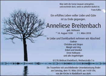 Traueranzeige von Anneliese Breitenbach von  Usinger Anzeiger