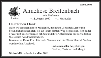Traueranzeige von Anneliese Breitenbach von  Usinger Anzeiger