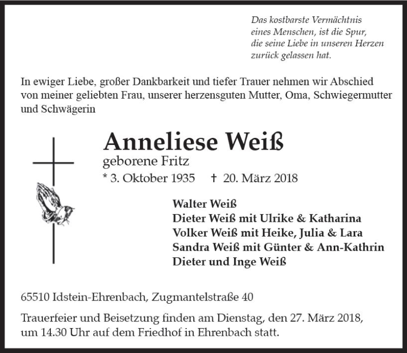  Traueranzeige für Anneliese Weiß vom 24.03.2018 aus Trauerportal Rhein Main Presse