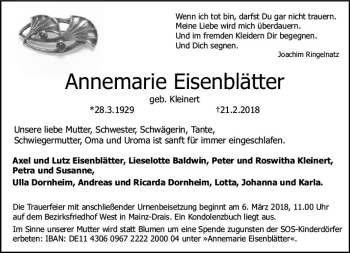Traueranzeige von Annemarie Eisenblätter von Trauerportal Rhein Main Presse
