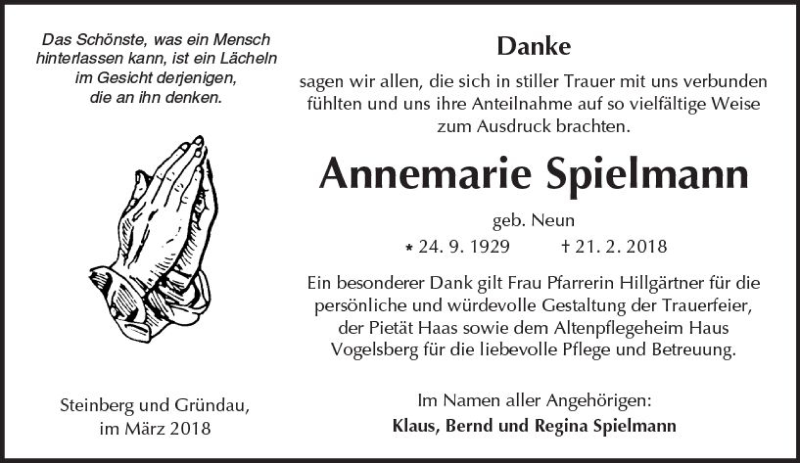  Traueranzeige für Annemarie Spielmann vom 31.03.2018 aus  Kreisanzeiger