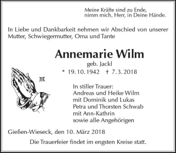 Traueranzeige von Annemarie Wilm von  Gießener Anzeiger