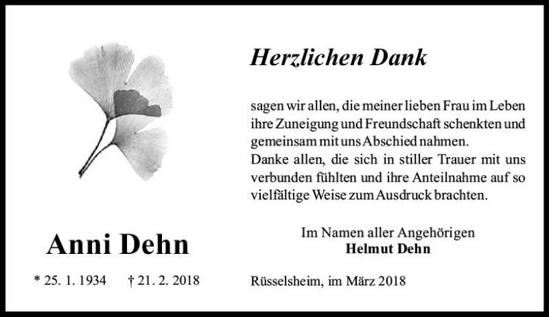  Traueranzeige für Anni Dehn vom 17.03.2018 aus Trauerportal Rhein Main Presse