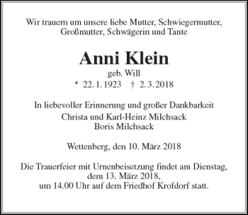 Traueranzeige von Anni Klein von  Gießener Anzeiger