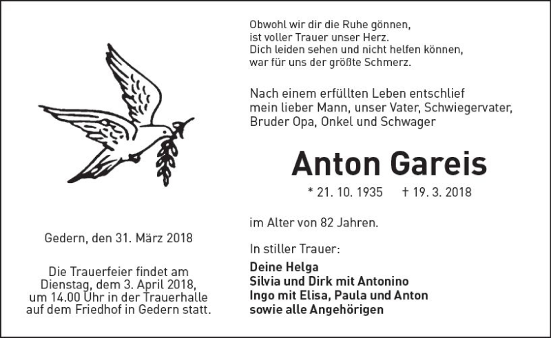  Traueranzeige für Anton Gareis vom 31.03.2018 aus  Kreisanzeiger