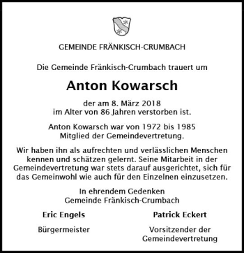 Traueranzeige von Anton Kowarsch von Trauerportal Rhein Main Presse